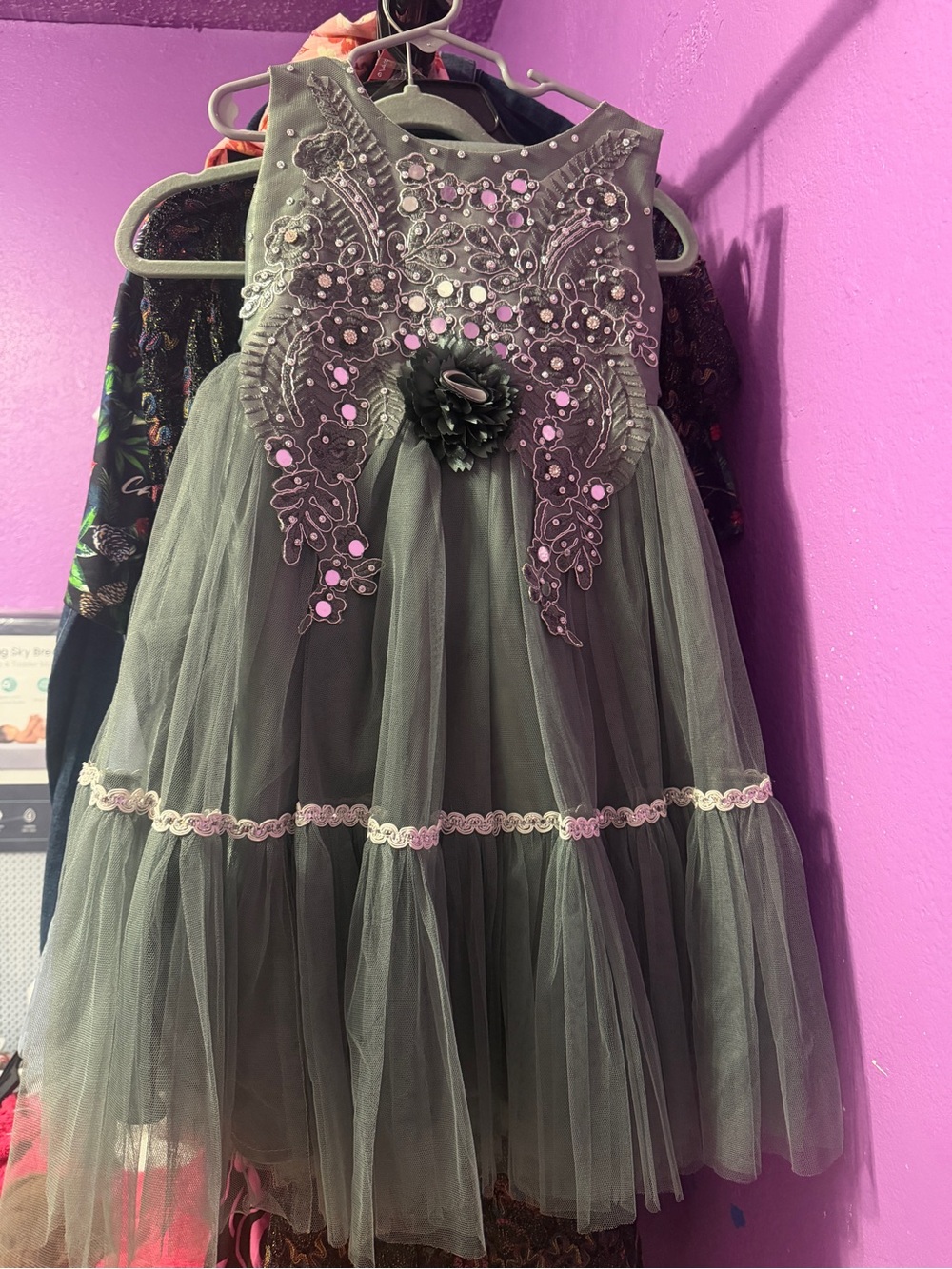 Girls Embellished Tulle Dress with Floral Applique